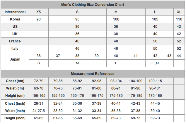 Mens clothes size conversion chart uk european